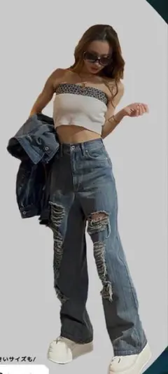 翔子アベイルコラボ　ダメージ加工ハイウエストデニムパンツのサムネイル