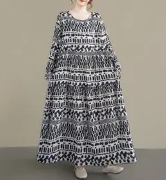 丸襟 体型カバー レトロ プリント フリー ロングワンピース マキシ丈 新作