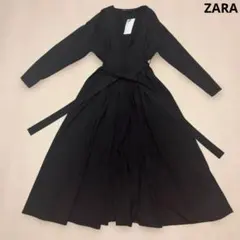 【新品タグ付】ZARA ウエストリボン ポプリン ワンピース 黒 XS