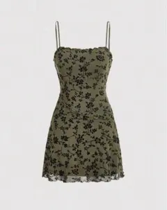 オリーブグリーン 花柄 ノースリーブ ミニワンピース