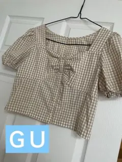 GU ギンガムチェック 半袖ブラウス　パフスリーブ　ショート丈　M かわいい