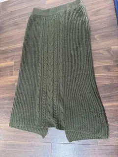 ケーブル編み ニットスカート カーキ ウエストゴム