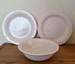 陶器皿２枚＆ボウル　ピンク　手作り風　斑点模様