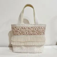インド刺繍リボン♡トートバッグ　ツイードホワイト①