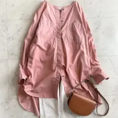 美品 スローブイエナ コットン100%ノーカラー チュニック丈 シャツ◆ピンク