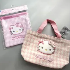 新品　ハローキティ　千鳥格子　ミニトート　巾着　ピンク