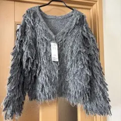 新品　ディスコート　フリンジ使いニットアウターグレー