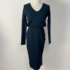 Andemiu ベルト付 Vネックリブニットワンピース ブラック フリーサイズ