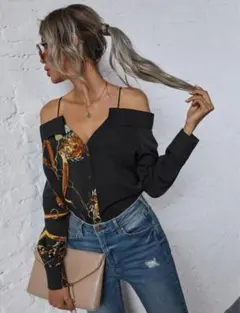 海外通販　オフショルダー　シャツ　チェーン柄