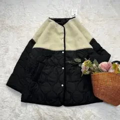 新品 ノーカラーブルゾン ボアジャケット 中綿 オフ クロ M