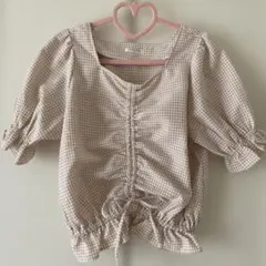 半袖　ブラウス　ピンク　ギンガムチェック