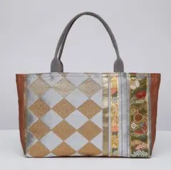 正絹帯リメイクバッグ ダイヤ柄 小花に蝶 シルバー ゴールド