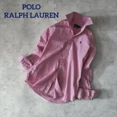 美品ポロラルフローレンM2長袖シャツストライプポニー刺繍長袖ブラウス濃いピンク白
