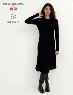 ユニクロ イネスコラボ 3Dワイドリブクルーネックワンピース M Black