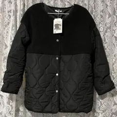 ブラック ノーカラー キルティングジャケット アウター ボア コート しまむら