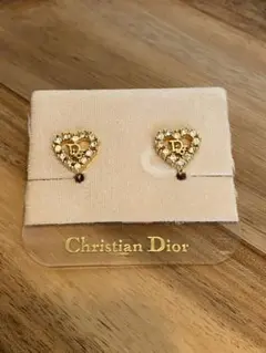 美品 Dior ハート ラインストーン イヤリング ゴールド