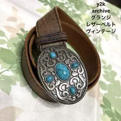 '90〜y2k グランジ レザーベルト　本革　ヴィンテージ　ターコイズバックル