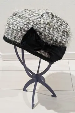 ベロアリボン付き ラメ入りふんわりベレー帽 帽子 ブラック 黒