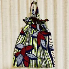 【2way】巾着バッグ アフリカプリント 花柄黄緑x レッド ハンドメイド