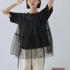 チュールレイヤード 半袖Tシャツ ブラックのサムネイル
