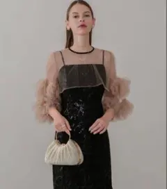 【LEJA】フラワースパンコールチュールフリルスリーブIラインワンピースドレス