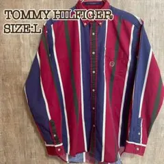 TOMMY HILFIGER トミーヒルフィガー BDストライプシャツ 赤×紺L