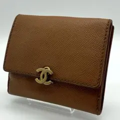 CHANEL シャネル キャビアスキン 2つ折り財布 ココマーク キャメル