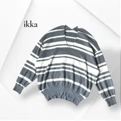 ikka イッカ ボーダー 長袖Vネックニットセーター レーヨン グレー 白 M