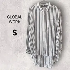 グローバルワーク クロップドシャツ ブラウス S ストライプ 白 青 茶 長袖