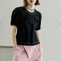I_am 韓国服　パフスリーブ ベルスリーブ　ステッチ 半袖Tシャツ ブラックのサムネイル