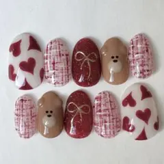 ネイルチップ/バレンタイン くま ハート リボン ボルドー ツイード ガーリー