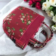 いちご柄　巾着型ミニラウンドトートバッグ 布バスケットにも♡ No.138