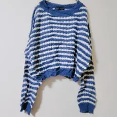 SHEIN 【М】ボーダー クロップドニット ブルー×ホワイト 短丈 長袖