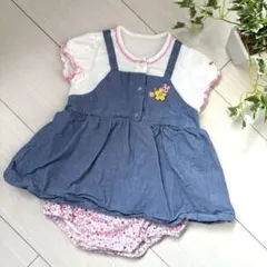 ミキハウス　ホットビスケッツ　うさこ　ロンパース　デニム　花柄　80