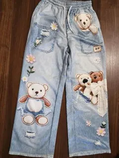 SHEIN クマさん刺繍風 デニム様パンツ ライトブルー Mサイズ