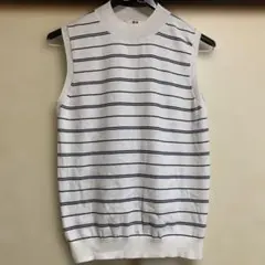 UNIQLOノースリーブニットM 白×紺 ボーダー モックネック