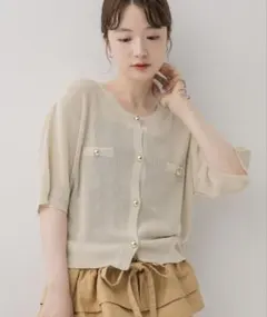 リブ編み ベージュ カーディガン 半袖