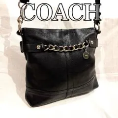 COACH コーチ ブラックレザーショルダーバッグ チェーン付 F18863