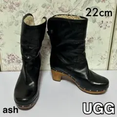 【UGG】アグ　ショートブーツ　ムートン風　ウッドソール　黒　22cm