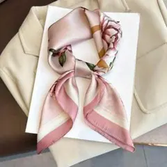 【312】スカーフ♡フローラルプリントピンク♡バンダナ/バックチャーム/シルク感