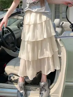 フリフリ韓国ロングチュールスカート 無地 白ワンピース 白スカート