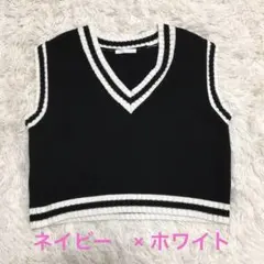 Vネック　ニット　ベスト ネイビー/ホワイト　FREE