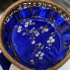 竹製★梅　リボン　紺色サテン風　ミニバスケット　アンティーク品 未使用品