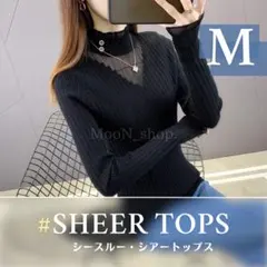 《Mサイズ》シアー シースルー トップス タートルネック V字 長袖 透け感 黒