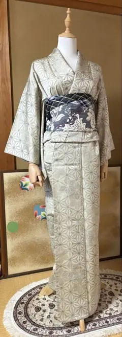 H・L 単衣着物と帯のセット⭐︎ 洗える着物 花更紗柄 ダスティブラウン