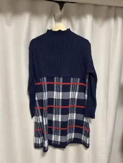 ネイビー チェック柄 長袖ニットセーター