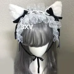 ゆめかわ　水玉　チュール　ねこみみ　フリルヘッドドレス もこもこ　獣耳　メイド