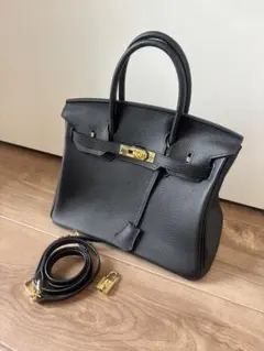 【おまけ付き】本革　ブラックレザー ハンドバッグ　ゴールド金具