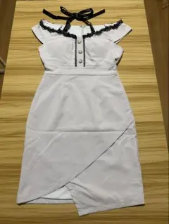 パールボタン レース オフショル ミニドレス ライトブルー