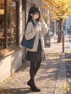 c419_秋の街並みと女子学生のイラスト アニメ調 デジタルアート 縦長画像